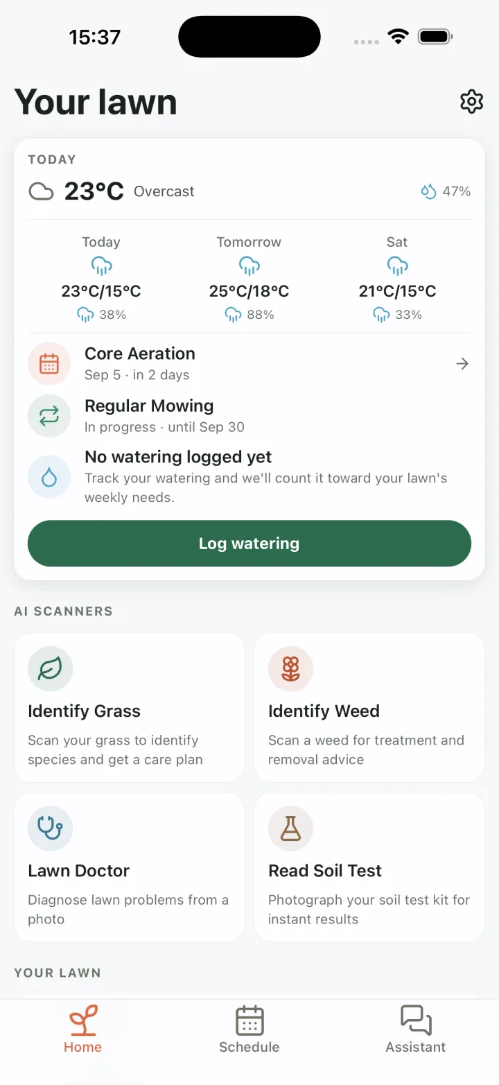 Lawn Scan dashboard showing weather, care tasks, watering and AI scanners